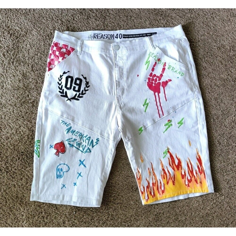 Reason Denim Shorts Men's Size 40 White Embroidered Graphic Streetwear